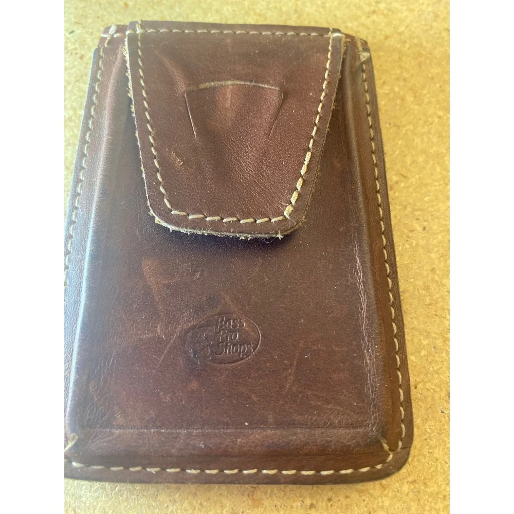Bass Pro Shops Brown Leather Money Clip Wallet Bifold ID Window USA Made